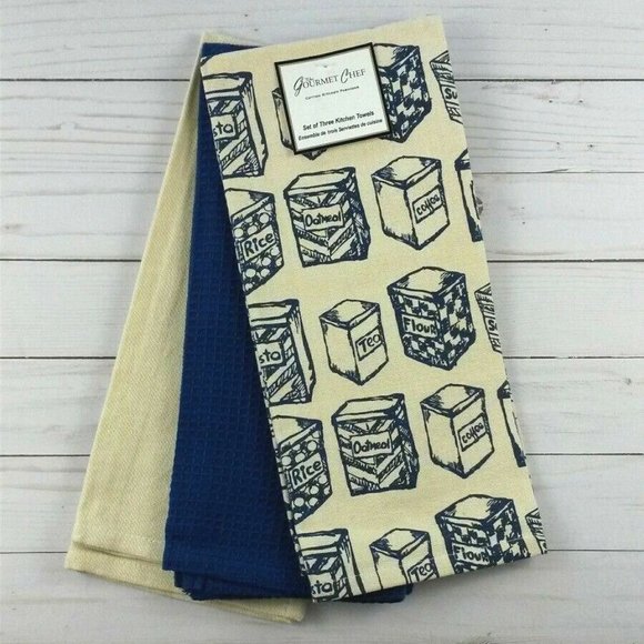 Kitchen Towels Blue Vintage Canisters Set of 3 - Picture 1 of 3